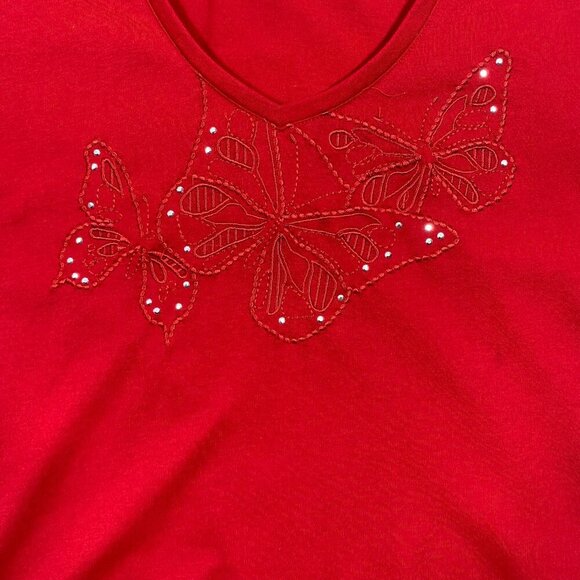 red v neck short sleeve t-shirt butterflies sz med  CAROLL REED - Picture 4 of 16